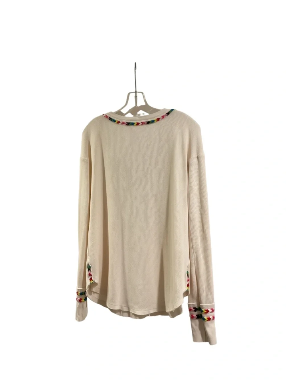 Free People Cream Long-Sleeve Scoop Neck Top with Multicolor Trim